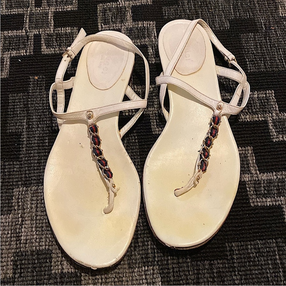 Gucci sandals classic green red Gold chain strip thong white sandals - Picture 3 of 8